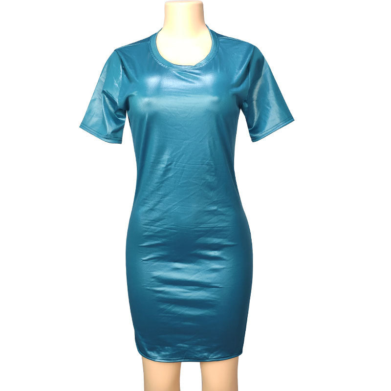 Faux Leather Long Sleeve Round Neck Knee Sheath Tight Dress