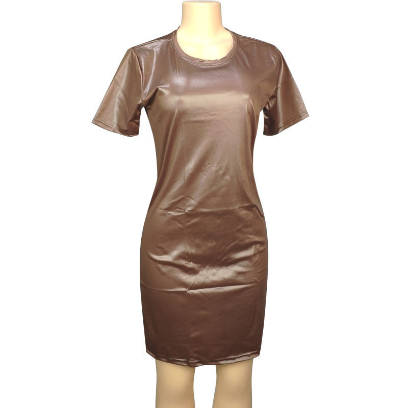 Faux Leather Long Sleeve Round Neck Knee Sheath Tight Dress