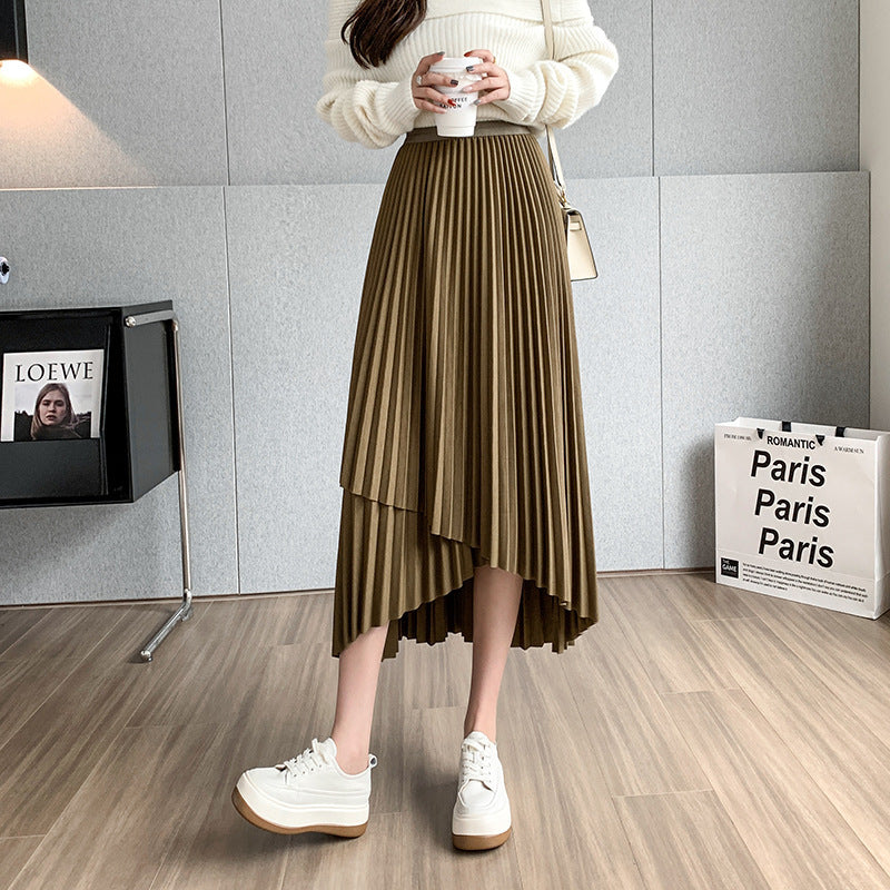 Retro Style Irregular Pleated Skirt Women's High Waist Slimming