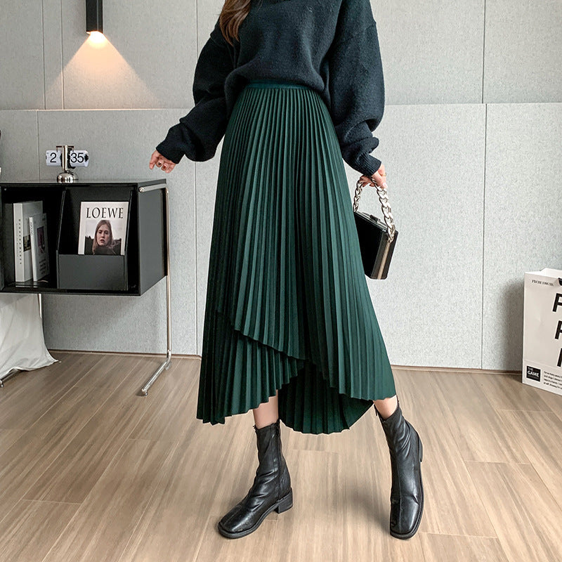 Retro Style Irregular Pleated Skirt Women's High Waist Slimming